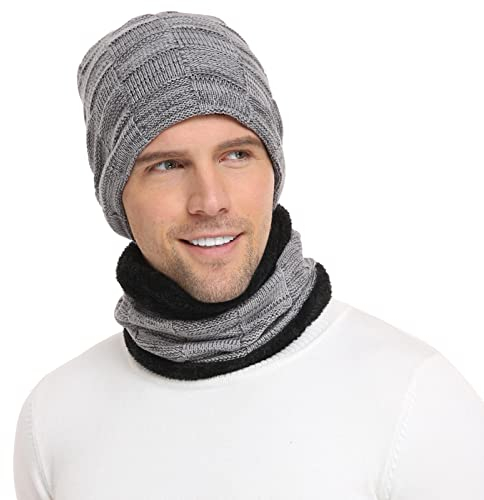 Herren Winter Warm Beanie Mütze und Loop Schal Set mit Fleece Gefütterte Thermo Wintermütze Strickmütze Mützen Schlauchschal Schals Geschenk Männer, Einheitsgröße, Grau