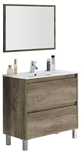 Dmora Mobile Bagno + Specchio-Legno-cm. 80 x 80 x 45, Noce, 2 cassetti