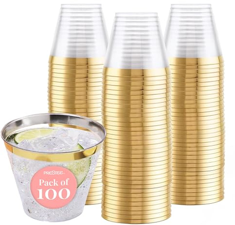 Prestee 100-Pack 9oz Gold Rimmed Plastic Cups Disposable Wine Glasses for Charcuterie, Weddings, Parties, and Events - Elegant Cocktail and Drinking Cups for Champagne, Martini, and Mocktails