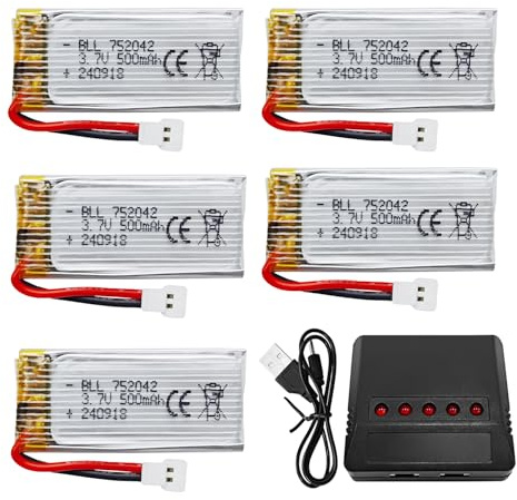 3.7V 500mAh Lipoakku mit 5 in 1 Ladegerät für Hubsan H107L/C/D/P X5S H31 H6D JXD388 JXD385 U816A SYMA X5C X5SW HS170 HS170C HS170G F180W F180C TR-C385 TR-P51 TR-F22 Quadricopter