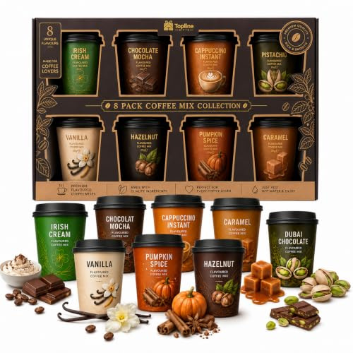 Instant Coffee Gift Set for Coffee Lovers - Unique 8 x 20g Flavoured Coffee Travel Takeout Cup Gift Box. Great for Birthday Gifts, Christmas Stocking Fillers