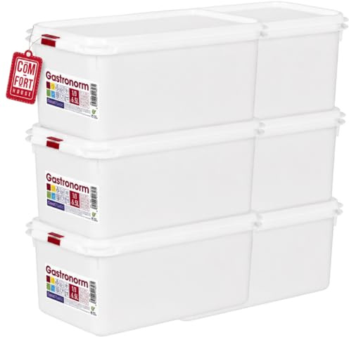 COM-FORT HOUSE Tupper Hermético Rectangular 6,5L Pack 6 – Recipientes de Plástico con Tapa, Alta Capacidad, Aptos Microondas y Congelador, Color Blanco – Uso profesional en restaurantes y hostelería