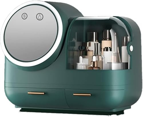 Make Up Organizer,Kosmetik Aufbewahrung mit LED Spiegel,Box Aufbewahrungsbox USB-Aufladung für Dresser Bad Schlafzimmer, Geschenk (Grün)