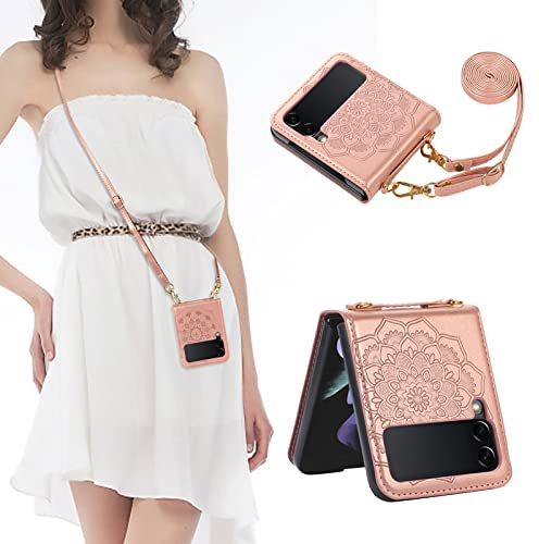 Shinyzone Kompatibel mit Samsung Galaxy Z Flip 4 5G 2022 Hülle mit Kette,Lederhülle mit Kordel zum Umhängen Abnehmbar,Premium PU Mandala Blume Klappbare Handyhülle,Roségold