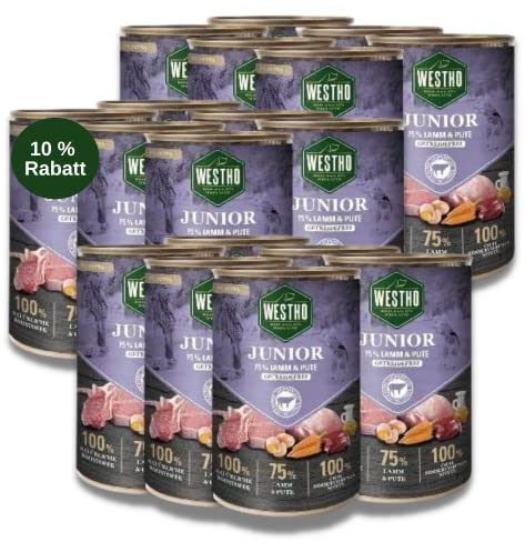 WESTHO Hundefutter Nassfutter Junior (18 x 400g) | 75% Weidelamm und Pute in Lebensmittelqualität | Getreidefrei | Für Welpen und Junghunde Aller Rassen | Gesundes Wachstum
