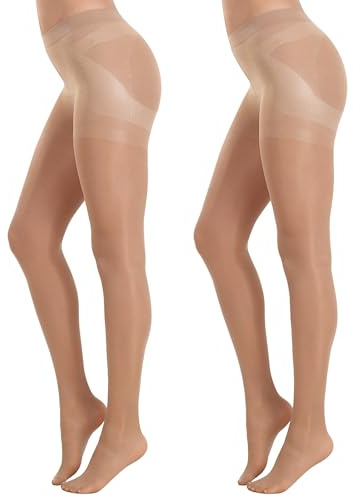 MANZI Tummy Control Top Pantyhose for Women Sheer Black Tights with Reinforced Toe High Waist Tights 40D Natural XL