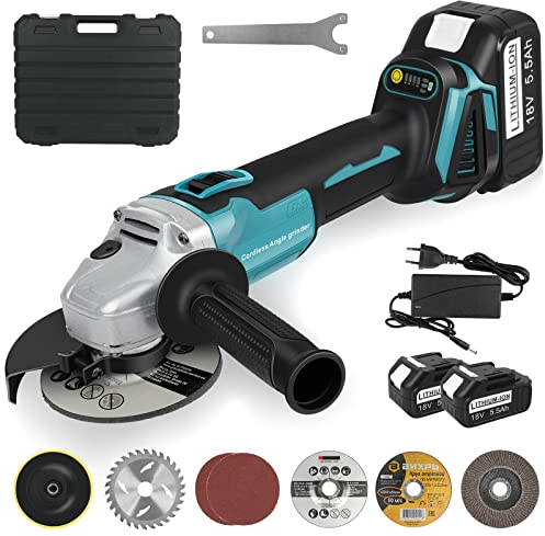 LabTEC Winkelschleifer, 800W, kabelloser Winkelschleifer mit Klingen mit 2 Packungen 18V 5500mAh Akku & Ladegerät zum Trennen, Schleifen, Polieren und Schärfen