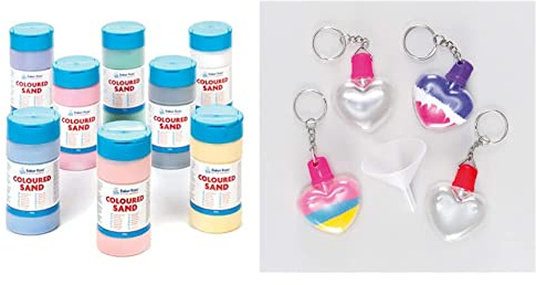 Baker Ross Bunter Sand in 8 Farben AF238 Herzförmige Schlüsselanhänger mit Sandkunst für Kinder zum Selbergestalten zum Muttertag oder Valentinstag, Farblos, 45 mm, 5 Stück