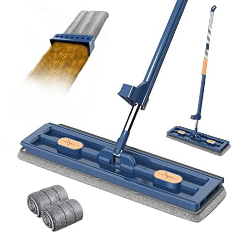 Großer Flachmop, Flacher Wischmopp, 360° Drehgelenk Bodenwischer Set Flachmopp mit Wiederverwendbaren Mikrofaser-Wischpads, Bodenwischer Set für Hartholz Laminat Fliesen(Blau + 2 Pads)
