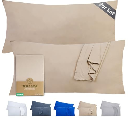 Terra Beds Kissenbezug 40 x 80 (Set mit 2) - 100% Baumwolle Jersey 160 g/m², Oeko-Tex Zertifiziert - Kopfkissenbezug 40x80 für Kissen 40x80 mit Reißverschluss, weich und atmungsaktiv - (Beige)
