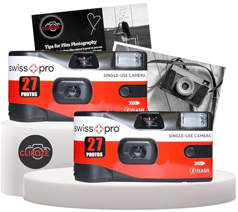 Disposable Camera Bundle with Swiss+Pro Disposable Camera Single-Use Film Cameras with 27 Exposures and Clikoze Disposable Photography Tips Card (2 Pack)