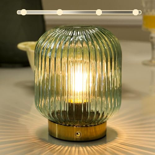 MJ PREMIER Rechargeable Table Lamp, Green Glass Lamps with Memory Function, Cordless LED Lamp with Dimmable Brightness, Decorative Touch Lamps for Bedroom Living Room