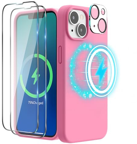 SURPHY [4 in 1 Magnetico Silicone Cover Compatibile con iPhone 14 6.1 2022, Custodia per iPhone 14 Compatibile con MagSafe Accessori, con Lens Protector and 2 Protezioni Dello Schermo,Rosa