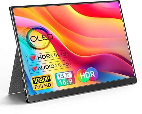 VILVA OLED bärbar bildskärm för bärbar dator – 13,3 1080P FHD IPS-skärm, USB-C HDMI, bärbar bildskärm för bärbar dator med fodral och högtalare, extern bildskärm för laptop/PC/Mac/telefon/Xbox