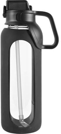 Gulujoy Gourde 2l avec Paille en Verre Grande Bouteille Eau de 2 litres avec Protection Silicone pour la Gym Sport Sans Bpa