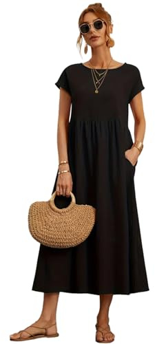 Hanaoops Vestidos Largos Verano para Mujer Mangas Cortas Cuello Redondo Casual Vestidos Elegante Suelto Maxi Vestido de Playa con Bolsillos