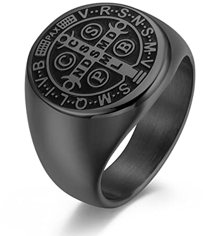 TYMONT St Benedict Cross Signet Ring, Christian Amulet Ring I Rostfritt StåL FöR MäN,Black,12