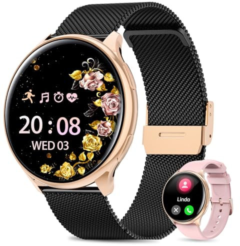 QEYUMYEU 2025 Smartwatch Donna - 1.39 TFT Orologio con Chiamate, 24H Sonno Cardiofrequenzimetro, SpO2, Ciclo Mestruale, IP68, Monitoraggio Fitness, per Android & iOS (Oro nero)