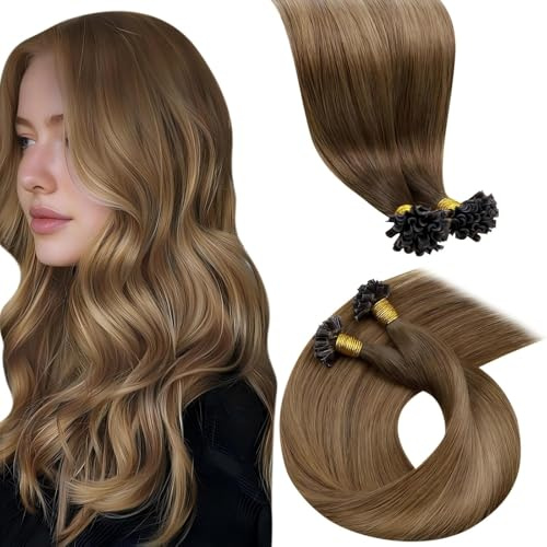 LaaVoo Extensions Echthaar Bondings Balayage Braun Keratin Bonding Extensions Echthaar Ombre Mittelbraun zu Hellbraun U Tips Echthaar Extensions Bondings Keratine Naturlich #6/8/14 1g/s 100G 45cm