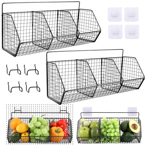 MEGETGOD 2 Pack Wall-Mounted Kitchen Storage Baskets, Wall Baskets with 8 Hooks & 3 Grid, No Drilling Hanging Metal Storage Basket, Wall Mounted Storage for Kitchen, Pantry Organization, Bathroom
