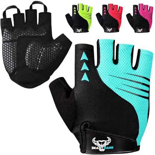 BEAST RAGE Half Finger Cycling Gloves for Men & Women – Padded, Breathable, Anti-Slip Fingerless Bike Gloves, Shock-Absorbing MTB Road Bicycle Gloves for Summer Riding & Fitness (AQUA, L)