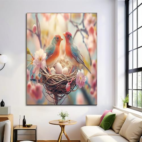 Rosa Pájaro De Flor De Cerezo Lienzo Laminas Decorativa De Interiores Arte Paisaje Primaveral Pared Decoración Fotos Cartel Para Dormitorio Baño Cocina Galería Salón Sin Marco 80X120Cm
