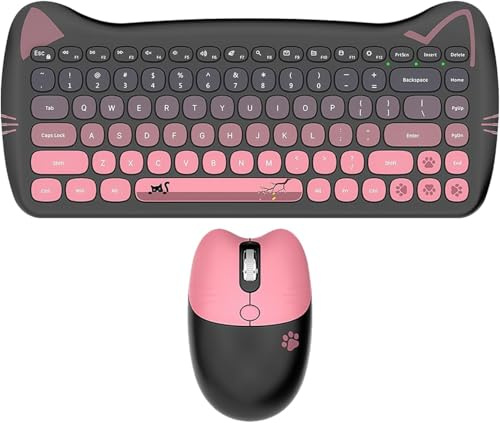 Wireless Keyboard and Mouse Combo, Cute Cat Keyboard and Mouse Set, 2.4G Cordless Computer Mice with USB Receiver for Laptop/PC/MAC (Black Pink)