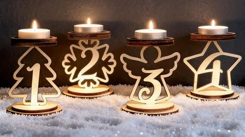 4er Kerzenhalter Adventskranz Zahlen 1-4, Holz Adventskranz Kerzenhalter 4 Kerzen, Adventsleuchter für Modern Adventsgesteck Weihnachtsdeko Tisch