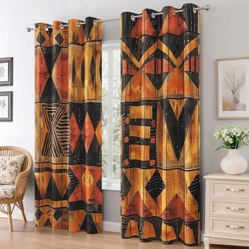 Generisch Gardinen Afrikanisch Schlafzimmer Fenster, Blickdichte Vorhänge Ethnisch Stammes Schlammtuch Wohnzimmer Deko, Thermo Verdunklungsvorhänge mit Ösen 2er Set, H 166 x B 75 L-C&60