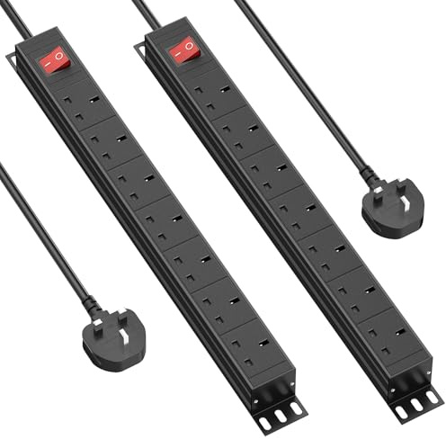 2 packs - 7 Way Extension Lead Surge Protection with Switch, Wall Rack Mounted Power Strip for 19-inch Rack, Office, Workshop and Industrial Use, 180° Mounting Bracket, 1.8M Cable, Black