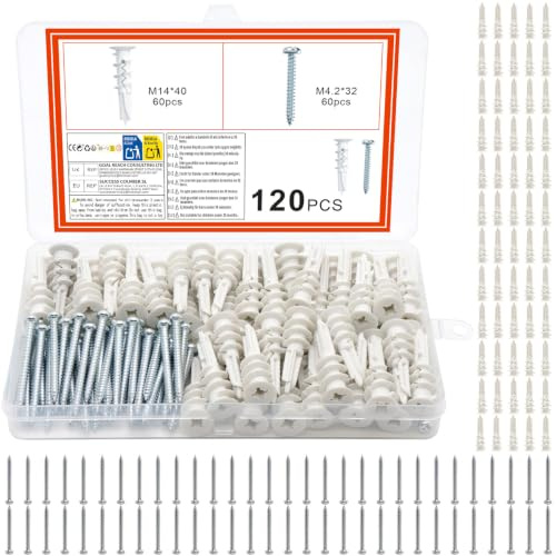 120 tacos y tornillos de pared para placas de yeso, fijaciones resistentes para placas de yeso, 60 tornillos para placas de yeso y 60 tacos sin procesar, anclajes surtidos para paredes de cavidad