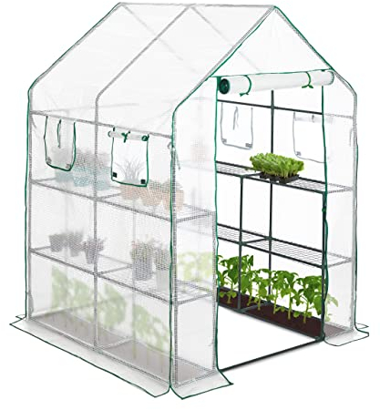 Relaxdays Serra in Telo, 4 Finestre, 2 Scaffali, Tenda in Pellicola, per Pomodori, 2m², HLP 190x140x140 cm, Trasparente