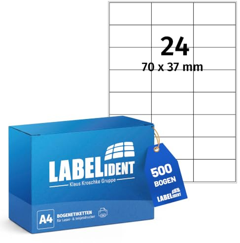 Labelident Laser-Etiketten 70 x 37 mm weiß - 24 Etiketten pro A4-Bogen - 12.000 Etiketten (500 DIN A4 Bögen) geeignet für Laser- & Inkjetdrucker