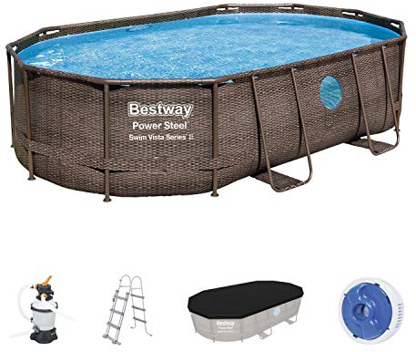 Bestway Power Steel Swim Vista Series - Juego Completo de Piscina Ovalado con Filtro de Arena, Escalera de Seguridad y Lona (488 x 305 x 107 cm)