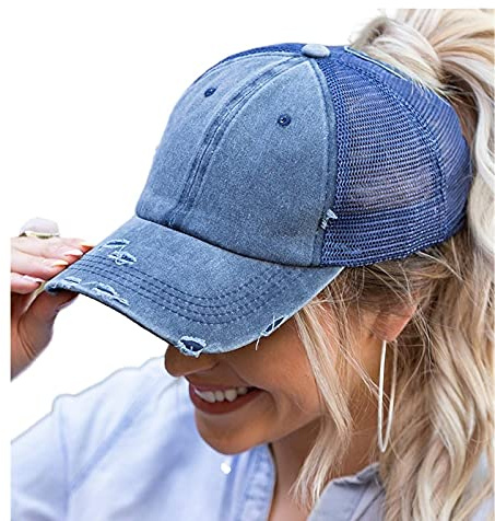 ProMindFun Womens Ponytail High Messy Bun Hats Distressed Baseball Caps Unconstructed Washed Dad Hat Girls Trucker Ponycaps (06-Navy Blue)