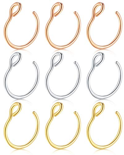 JFORYOU 20G 8mm 9Stück Fake Nasenpiercing Hoop Fake Nasen Ring Fake Ohr Helix Cartilage Ring