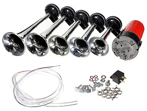 ePathChina 5pcs 12V 125dB Dixie Musical Sound Air Horn Kit 5 Powerful Super Loud Trumpet with Compressor for Any 12V Vehicle Car Truck Boats（Silver）