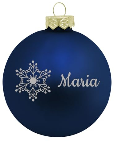 Weihnachtskugel mit Namen oder Wunschtext graviert, Ø 8cm, personalisierte Christbaumkugel aus Glas (matt), individueller Weihnachtsbaumschmuck mit Gravur, Schneeflocke-Motiv, Blau