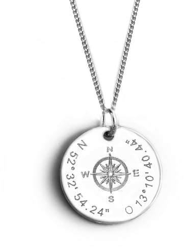 LATIGGA Kompass Anhänger Kette mit Koordinaten Gravur, 925 Silber