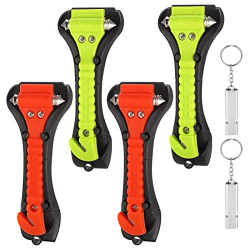 Fentar 4 Stück Notfallhammer Auto mit Gurtschneider, 2 in 1 Nothammer Auto Must Haves, Orange und Grün Gurtschneider Notfallhammer mit 2 Stück Trillerpfeife Notfall Ausrüstung