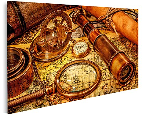 islandburner Bild auf Leinwand Vintage Lupe Kompass Fernrohr Und Eine Taschenuhr Die Auf Einer Alten Karte Wandbild Poster Kunstdruck Bilder