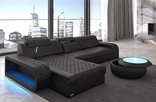 Sofa Berlin L Form Ecksofa Leder mit LED Licht Ledersofa Ottomane Couch mit Kopfstützen (Ottomane Links, Black)