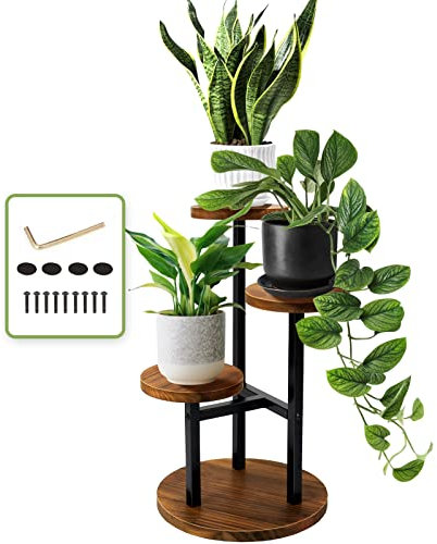AUGOSTA 3 Tier Metal Wood Plant Shelf Holder - Tall Corner Plant Stand for Indoor & Outdoor, Living Room, Balcony, Garden, Patio