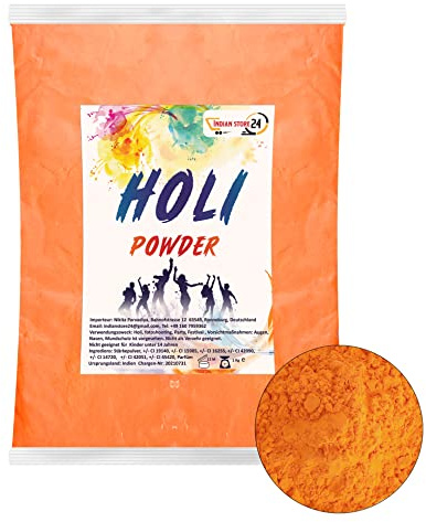 INDIAN STORE 24 Holi Gulal Pulver wasserlöslich Natural Festival Fotoshooting Rangoli Colors Regenbogen Powder holy farbbeutel Farbpulver Fotos Party Baby Shower (Orange 1kg)