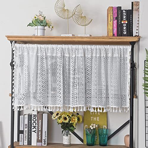Sutuo Home Boho Sheer Curtain Valance Crochet Lace with Bohemian Hollow Knitted Handmade Tassels, Short Farmhouse Window Treatment for Kitchen Cafe, Rod Pocket, 1 Panel 59 W x 18 L, White