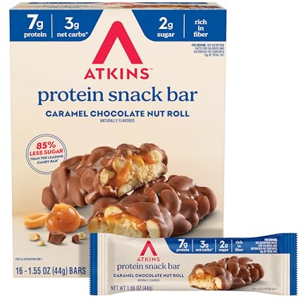Atkins Caramel Chocolate Nut Roll Snack Bar, Protein Snack , 7g Protein, 2g Sugar, High Fiber Snack, 16 Count