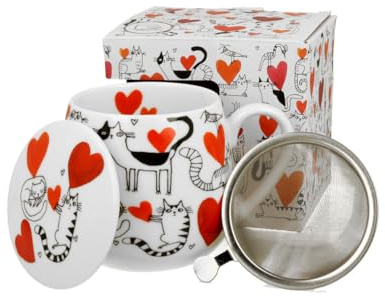 Duo Tee-Tasse Teebecher Set mit Teesieb Edelstahl und Deckel Teetasse mit Sieb Geschenk-Tasse Cup with Tea Infuser 400 ml 3teilig in Geschenkbox Kräuter-Teetasse Katzenwelt (Herzen)