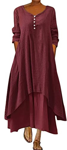 ORANDESIGNE Robe Longue Femme Kaftan en Coton et Lin Robe Ample Col V Boho Plage Eté Robes Décontracté Chic Manches Longues Grande Taille Maxi Robes A-Line 2 in 1 Lin Robes A Bourgogne L