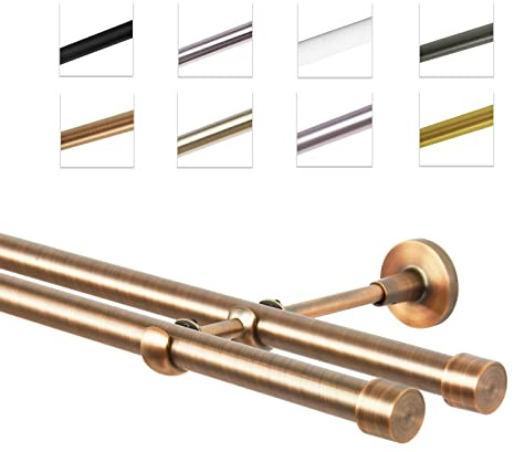 MDEKOR Gardinenstange 240 cm doppelläufig | Vorhangstange für die Wandmontage Kupfer aus Metall | Gardinenstangenset Ø 19mm