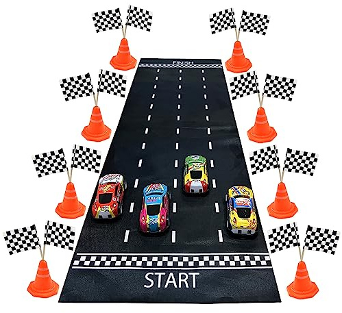 SPFYunion 41PCS Mini Race Car Table Game Set Mini Race Cars Traffic Cones Checkered Flags Racetrack Tablecloth for Doll House Decor Birthday Party Supplies
